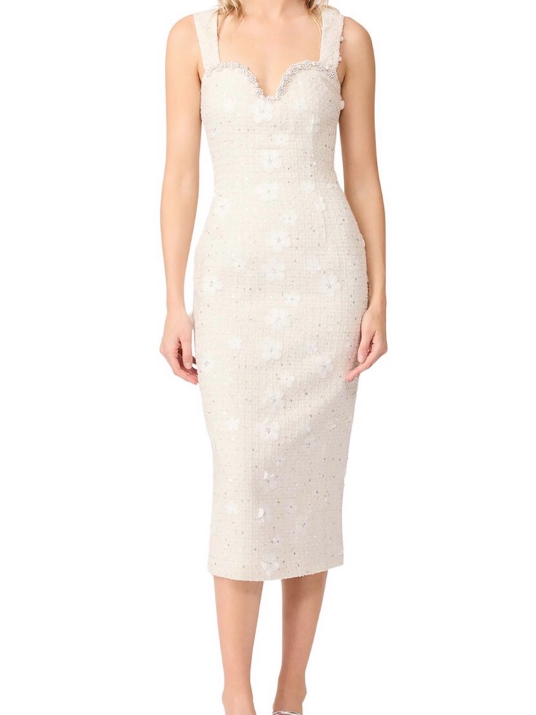 Elliatt Cream Embellished Scalloped Midi Dress